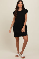 Black Front Pocket Line Textured Short Sleeve Dress