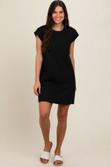 Black Front Pocket Line Textured Short Sleeve Maternity Dress