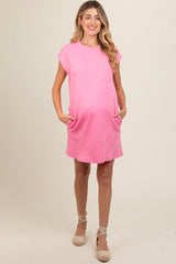 Pink Front Pocket Line Textured Short Sleeve Maternity Dress