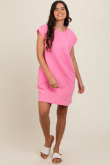 Pink Front Pocket Line Textured Short Sleeve Dress