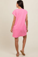 Pink Front Pocket Line Textured Short Sleeve Dress