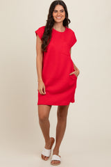 Red Front Pocket Line Textured Short Sleeve Dress