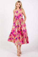 Pink Floral Sleeveless Smocked Back A-Line Maternity Midi Dress