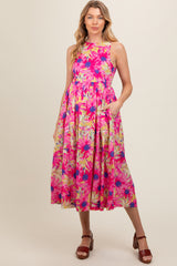 Pink Floral Sleeveless Smocked Back A-Line Maternity Midi Dress