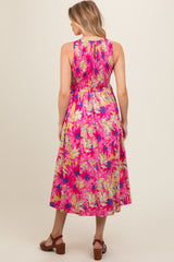 Pink Floral Sleeveless Smocked Back A-Line Maternity Midi Dress