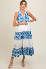 Blue Printed Eyelet Tiered V-Neckline Sleeveless Maternity Dress