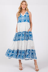 Blue Printed Eyelet Tiered V-Neckline Sleeveless Maternity Dress