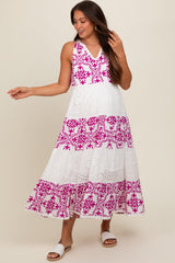 Magenta Printed Eyelet Tiered V-Neckline Sleeveless Maternity Dress