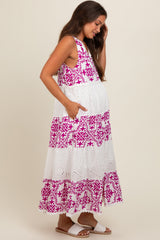 Magenta Printed Eyelet Tiered V-Neckline Sleeveless Maternity Dress