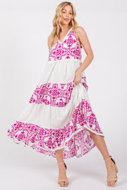 Magenta Printed Eyelet Tiered V-Neckline Sleeveless Dress