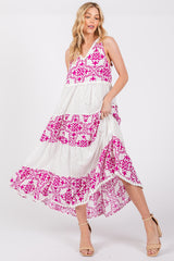 Magenta Printed Eyelet Tiered V-Neckline Sleeveless Maternity Dress