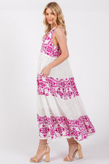 Magenta Printed Eyelet Tiered V-Neckline Sleeveless Dress