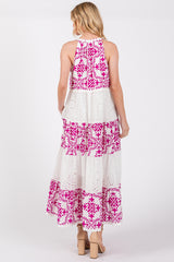 Magenta Printed Eyelet Tiered V-Neckline Sleeveless Dress