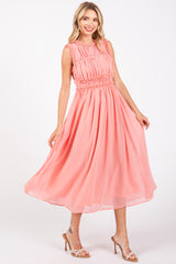 Coral Chiffon Ruched Lettuce Edge Ruffle Midi Dress