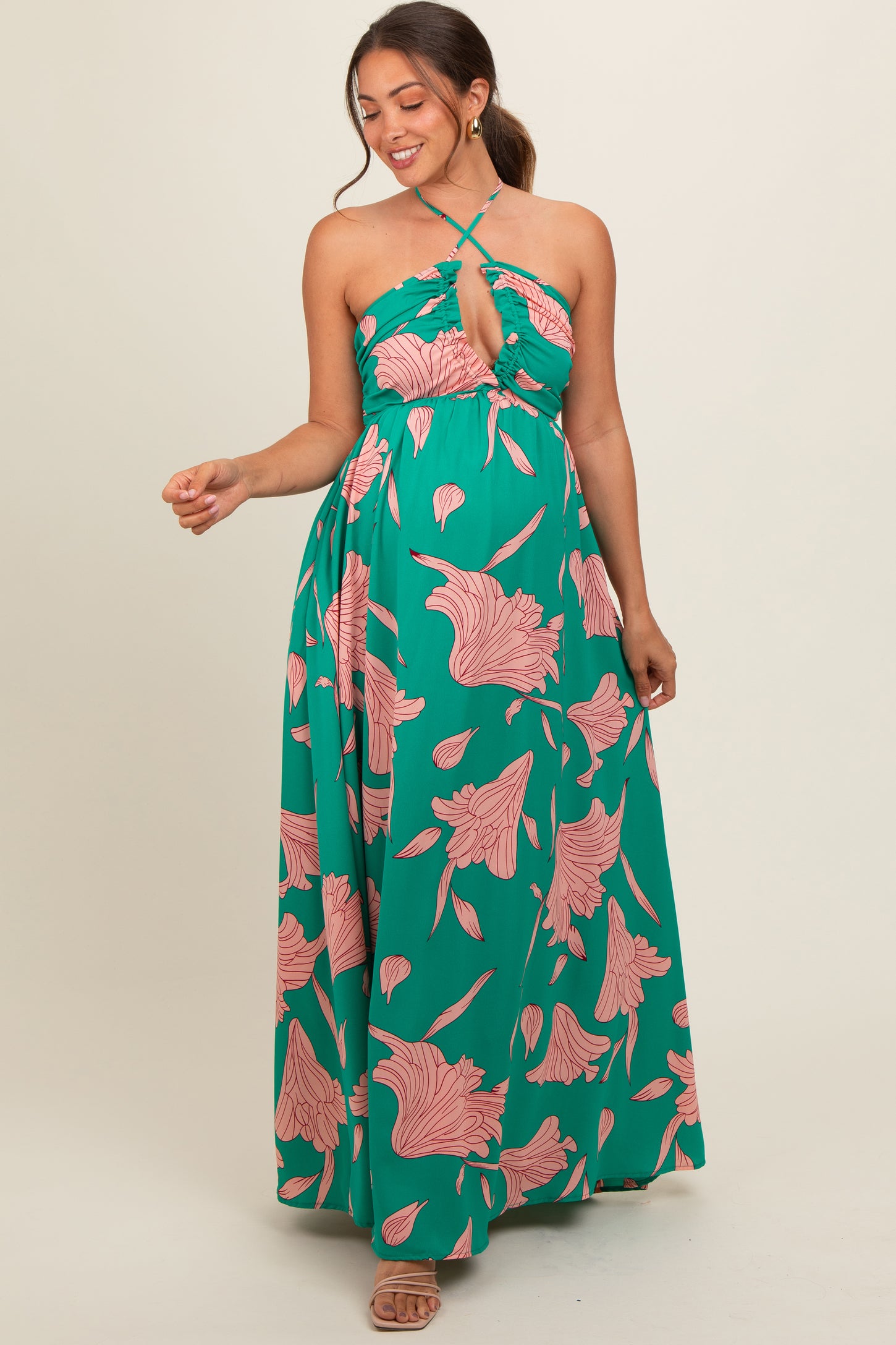 Green Floral Chiffon Front Ruched Halter Maternity Maxi Dress