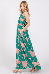 Green Floral Chiffon Front Ruched Halter Maxi Dress