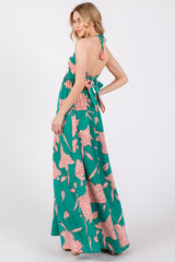 Green Floral Chiffon Front Ruched Halter Maxi Dress