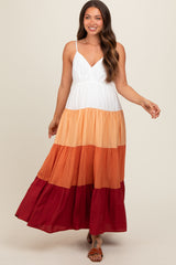 Peach V-Neck Tiered Color Block Maternity Midi Dress