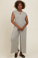 Black Striped Button Up Wide Leg Maternity Jumpsuit