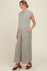 Black Striped Button Up Wide Leg Maternity Jumpsuit