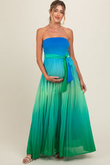 Blue Green Ombre Strapless Pleated Maternity Maxi Dress