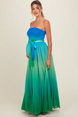 Blue Green Ombre Strapless Pleated Maternity Maxi Dress