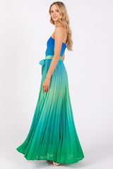 Blue Green Ombre Strapless Pleated Maxi Dress