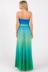 Blue Green Ombre Strapless Pleated Maxi Dress