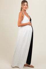 White Color Blocked V-Neck Maternity Maxi Dress