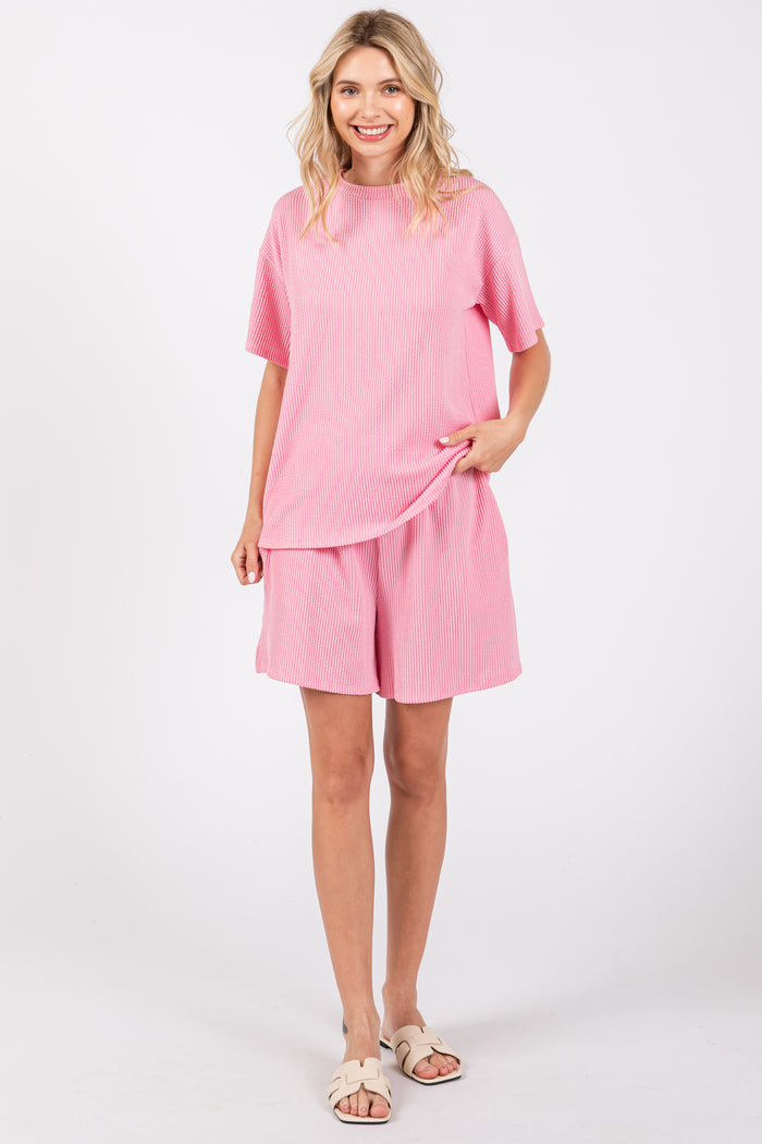 Pink Ribbed Short Sleeve Pajama Set