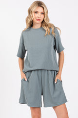 Teal Ribbed Short Sleeve Pajama Set