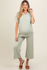 Sage Ribbed Short Sleeve Top Maternity Pajama Set