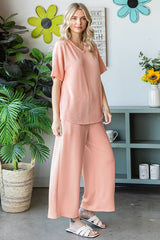 Peach Ribbed Short Sleeve Top Pajama Set