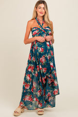 Teal Floral Halter Tie Back Hi-Lo Maternity Dress