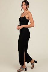 Black Ribbed Lace-Up Back Side Slit Midi Dress