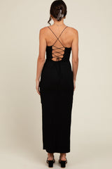 Black Ribbed Lace-Up Back Side Slit Midi Dress