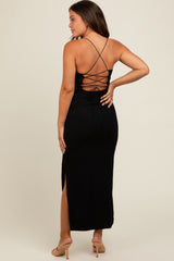 Black Ribbed Lace-Up Back Side Slit Maternity Midi Dress