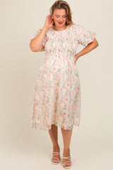 Cream Floral Smocked Puff Sleeve Maternity Plus Midi Dress