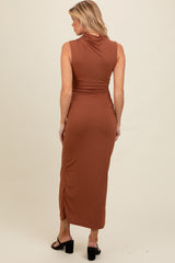 Brown Cowl Neck Ruched Sleeveless Maternity Midi Dress