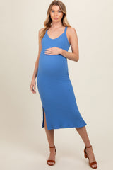 Blue Ribbed Racerback Maternity Midi Dress