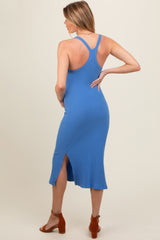 Blue Ribbed Racerback Maternity Midi Dress