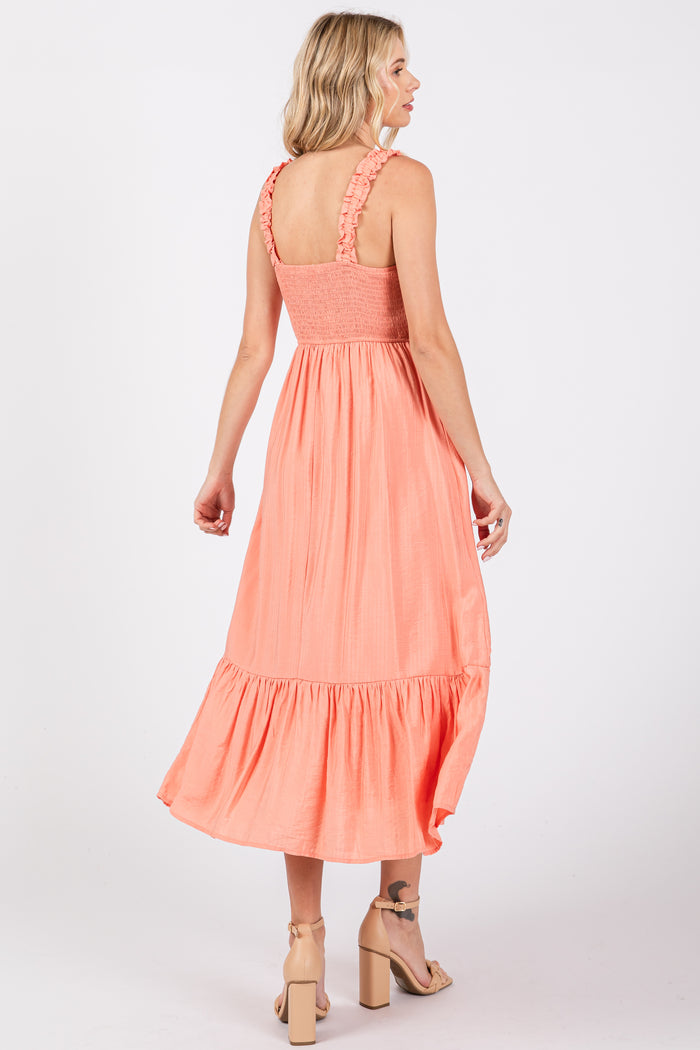 Coral Smocked Bodice Maxi Dress
