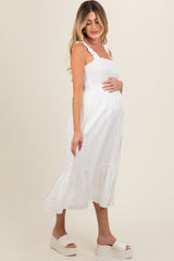 White Smocked Bodice Maternity Maxi Dress