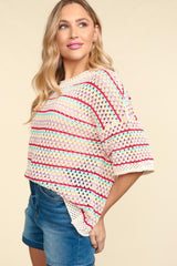 Multi Color Stripe Crochet Sweater Knit Top