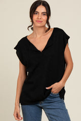 Black Two Tone Split V-Neck Dolman Short Sleeve Top