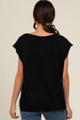 Black Two Tone Split V-Neck Dolman Short Sleeve Top