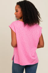 Pink Two Tone Split V-Neck Dolman Short Sleeve Top