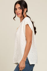 Ivory Two Tone Split V-Neck Dolman Short Sleeve Top