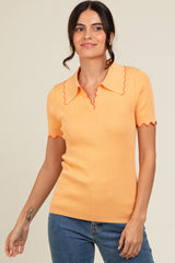 Peach Ribbed Scallop Trim Split V-Neck Short Sleeve Top