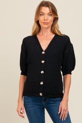 Black Textured V-Neck Short Sleeve Maternity Cardigan